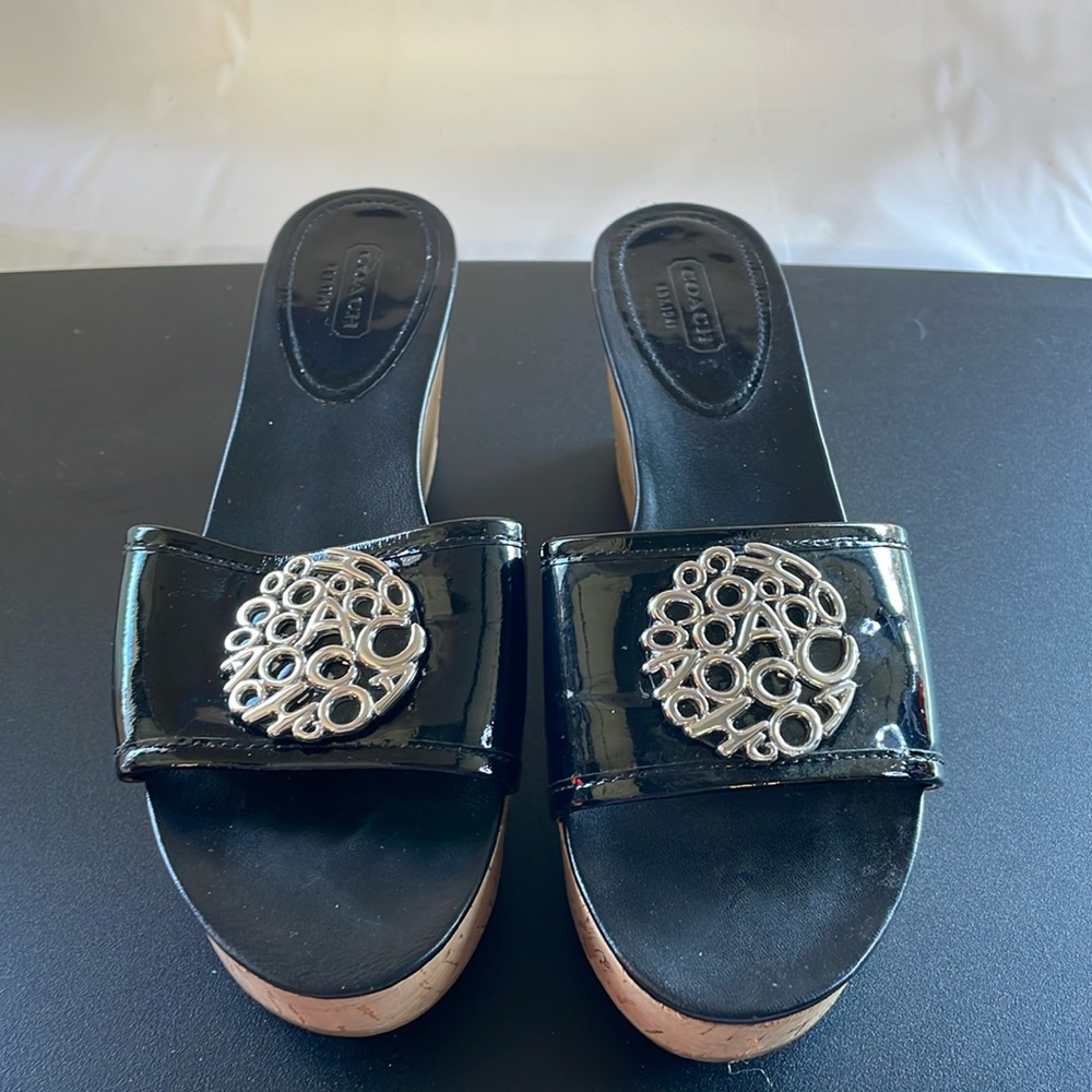 Coach “Judith” Black Patent Leather Wedges